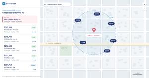 BatchData's Comparables API returns comparable sales around a subject property, with a search radius, price markers and distance from the subject. Sample data shown.