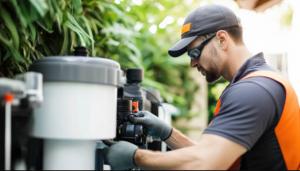A male technician wearing a dark cap, sunglasses, gloves, and a dark uniform with orange accents, working on outdoor equipment surrounded by greenery.