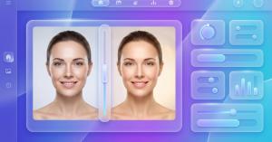 The Entagl Mirror interface, showing a side-by-side photo comparison viewer with a slider control alongside the tool's settings panels.