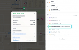 Map in GrowthFactor showing available CRE listings with an open listing card: square footage, broker contact details, and a link to the full listing.