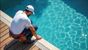 A pool technician inspecting a clear swimming pool, crouching beside the pool deck and examining the water.