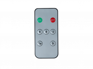 Celestial At Home window candle remote control showing the 6, 8 and 12 hour timer buttons alongside the twinkle and steady mode buttons