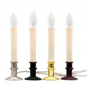 Celestial At Home plug-in Window Hugger window candle base finishes side by side, brushed nickel, black onyx, brass and antique bronze, with power cords visible