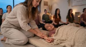 A practitioner gently guides a participant through somatic relaxation at a wellness seminar in Wheeling, Illinois, with others meditating in the background. mytsv.com
