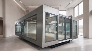 Pulse Container expandable pod shown before wrap, glazed and opened on hydraulic legs | The Clear Idea