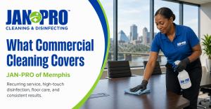 A JAN-PRO Cleaning & Disinfecting professional cleaning a modern office workspace in Memphis, Tennessee, illustrating a recurring commercial cleaning and janitorial program.