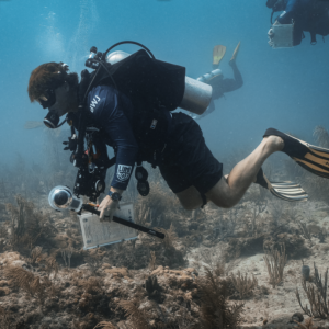 FORCE BLUE diver conducting an underwater marine survey over a coral reef, wearing scuba equipment and a Luminox watch while documenting the ecosystem.