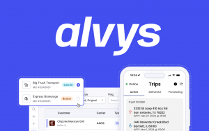 Alvys TMS dashboard showing carrier and broker profiles with MC numbers, a customer load board, and the driver app with active trip stops.