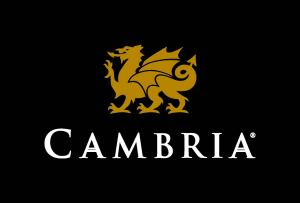 Cambria's logo with its name in white letters and its dragon symbol in gold, all on a black background