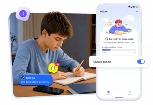 Teen completing homework beside the AirDroid Kids Focus Mode screen, which helps reduce app distractions during study time.