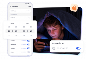 AirDroid Parental Control Downtime schedule set from 10:00 p.m. to 7:30 a.m. beside a teen using a phone at night.