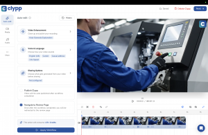 Clypp AI editor showing an industrial process video for manufacturing documentation