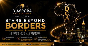 Diaspora Creatives Awards 2026 “Stars Beyond Borders” official event graphic featuring the DCA trophy and Atlanta skyline.