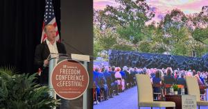 Sabin Howard, sculptor of A Soldier’s Journey at the National World War I Memorial and creator of the Grand Liberty Arch, addresses the Steamboat Institute’s 18th Annual Freedom Conference in Beaver Creek, Colorado, with the completed WWI Memorial sculptu