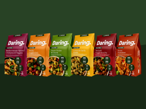 Packages of Daring’s six plant-based Skillet Meal varieties: Mediterranean-Spiced Chickpeas & Veggies, Smoky Veggie Chili, Power Grains & Greens, Lemon & Garlic Rotini, Teriyaki Veggie Stir-Fry and Penne Pomodoro.