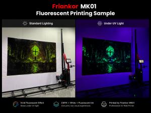 The fluorescent patterns printed by the Friankor MK01 wall printing machine will glow under ultraviolet (UV) light.