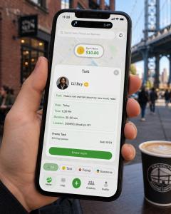 Phone displaying a Secret World app microtask listing with the Manhattan Bridge visible in DUMBO, Brooklyn.