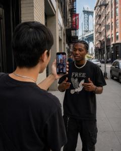One creator films another with a smartphone on a Brooklyn street near the Manhattan Bridge.