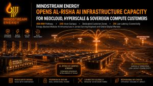 Conceptual rendering of Mindstream Energy’s Al-Risha AI infrastructure campus in Jordan, showing modular data centers, on-site natural gas power generation, and global network connectivity.