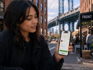 Woman holding a phone displaying a Secret World app paid task in DUMBO, Brooklyn, with the Manhattan Bridge behind her.