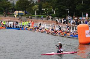 Triathletes swimming during the 2026 World Triathlon Championship Series Weihai