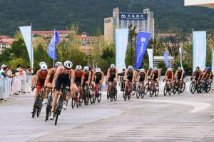 Triathletes cycling on the course at the 2026 World Triathlon Championship Series Weihai