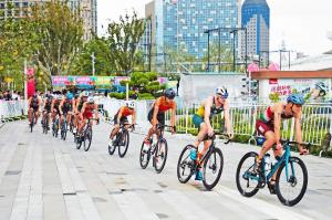 Triathletes cycling on the course at the 2026 World Triathlon Championship Series Weihai