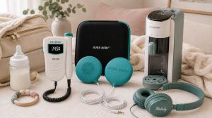 Aura Baby pregnancy and early-parenthood product collection featuring the Encore fetal Doppler, prenatal belly speakers and accessories.