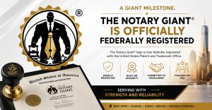 The Notary Giant® federal trademark registration announcement featuring the registered company logo, U.S. Trademark Registration No. 8074377, and the New York City skyline.