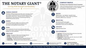 The Notary Giant® company profile featuring its logo, notarial services, mission, core values, service areas, and company information.