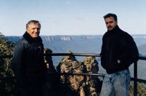 Paul Rushworth-Brown with his father, Jimmy Brown, at the Three Sisters in the Blue Mountains, Australia. Jimmy’s migration journey from Yorkshire helped inspire Outback Odyssey.