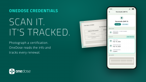 A smartphone displaying the OneDose® Credentials screen beside a scanned paramedic certification, with extracted credential type, issue date, and expiration date shown as filled fields.