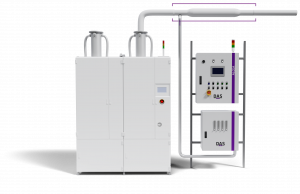 White industrial cabinet beside two boxes with control panels for a manufacturing setting
