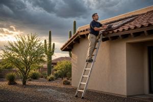 Home inspector on a ladder checking a Tucson tile roof after a monsoon storm.