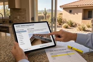 Tablet showing a home inspection report with roof flashing marked for repair.