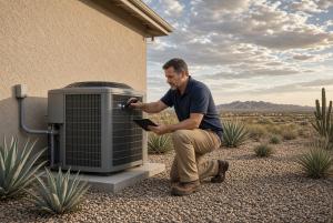 Inspector kneeling beside an air conditioner at a Tucson home, checking the unit with a flashlight.