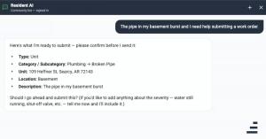 Screen shot of ALLi Enterprise chat with a resident submitting a work order for a burst pipe. ALLi confirms it will submit the work order on the homeowner's behalf.