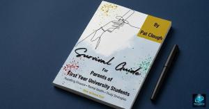 Survival Guide for Parents of First Year University Students paperback book cover by Pat Clough, with a pen, covering finance, mental health and study strategies