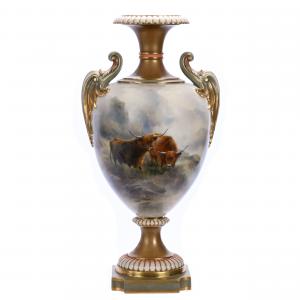 The top lot of the auction was this pedestal two-handled urn marked Royal Worcester, with a hand-painted highland cattle scenic décor and artist signed John Stinton. Sold for $15,600.