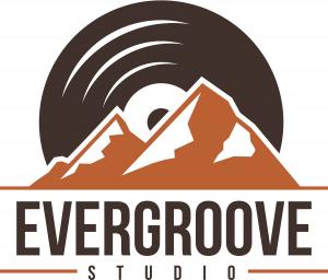 brown and orange recording studio logo featuring a vinyl record and the Rocky Mountains.