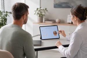 Clinician showing a patient an FUE hair transplant diagram on a tablet during a UK clinic consultation