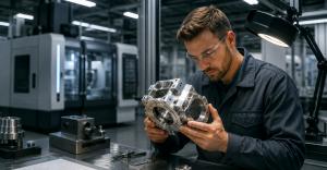 Engineer wearing safety glasses inspects a precision-machined metal component inside a modern CNC manufacturing facility.