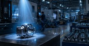 Precision-machined component under a spotlight with blue network lines extending across a CNC production floor.