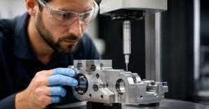 Engineer and sourcing professional review a metal component, technical drawing and CAD model beside a manufacturing floor.