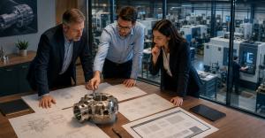 Three manufacturing leaders review a precision component, technical drawings, process map and website wireframe above a CNC floor.