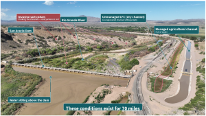 Low Flow Conveyance Channel at the San Acacia Diversion Dam, where the overgrown channel sits largely dry beside the Rio Grande in New Mexico.
