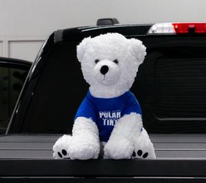Snowball the polar bear mascot sitting on a Polar Tint branded fleet truck