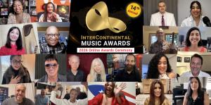 Collage of artists and attendees from the 2026 InterContinental Music Awards online ceremony surrounding the gold ICMA logo.