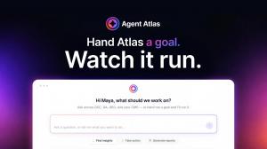 Agent Atlas product interface showing a chat prompt that reads "Hi Maya, what should we work on?" above an input box and buttons for finding insights, taking action and generating reports.