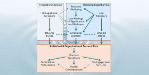 Illustration of the proposed wellbeing-based path to burnout alongside the traditional pathway to burnout due to occupational stress
